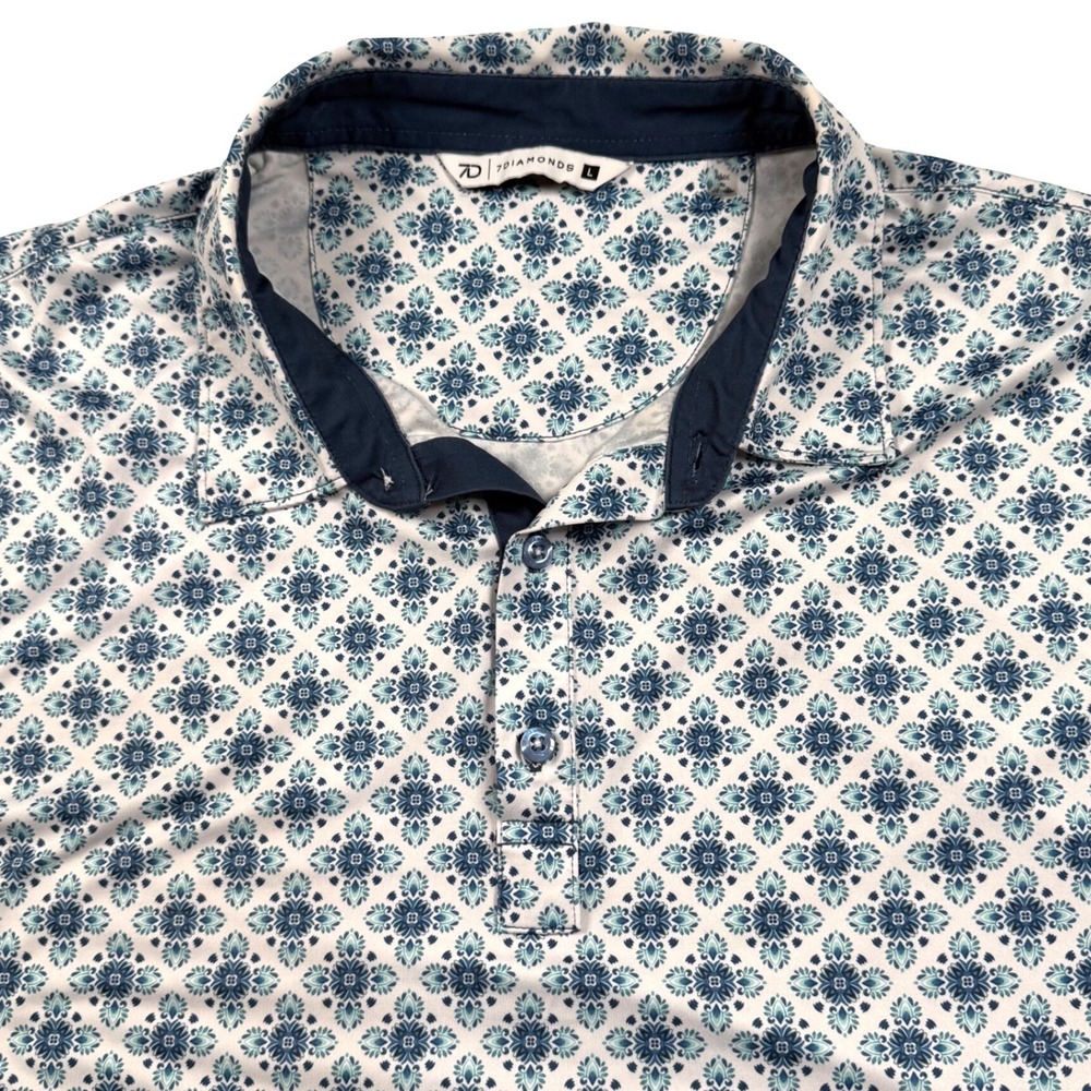 7 Diamonds Leon Polo Men Large White Blue Geometric Stretch Dye Course Shirt